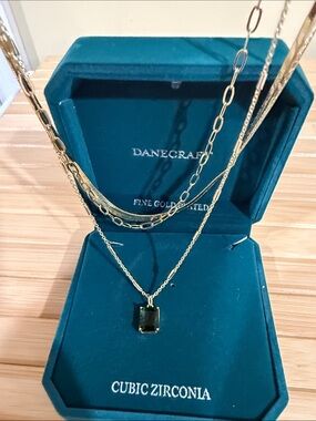 Danecraft Gold Tone Layered Cable Chain Necklace Green CZ Rectangle Pendant
